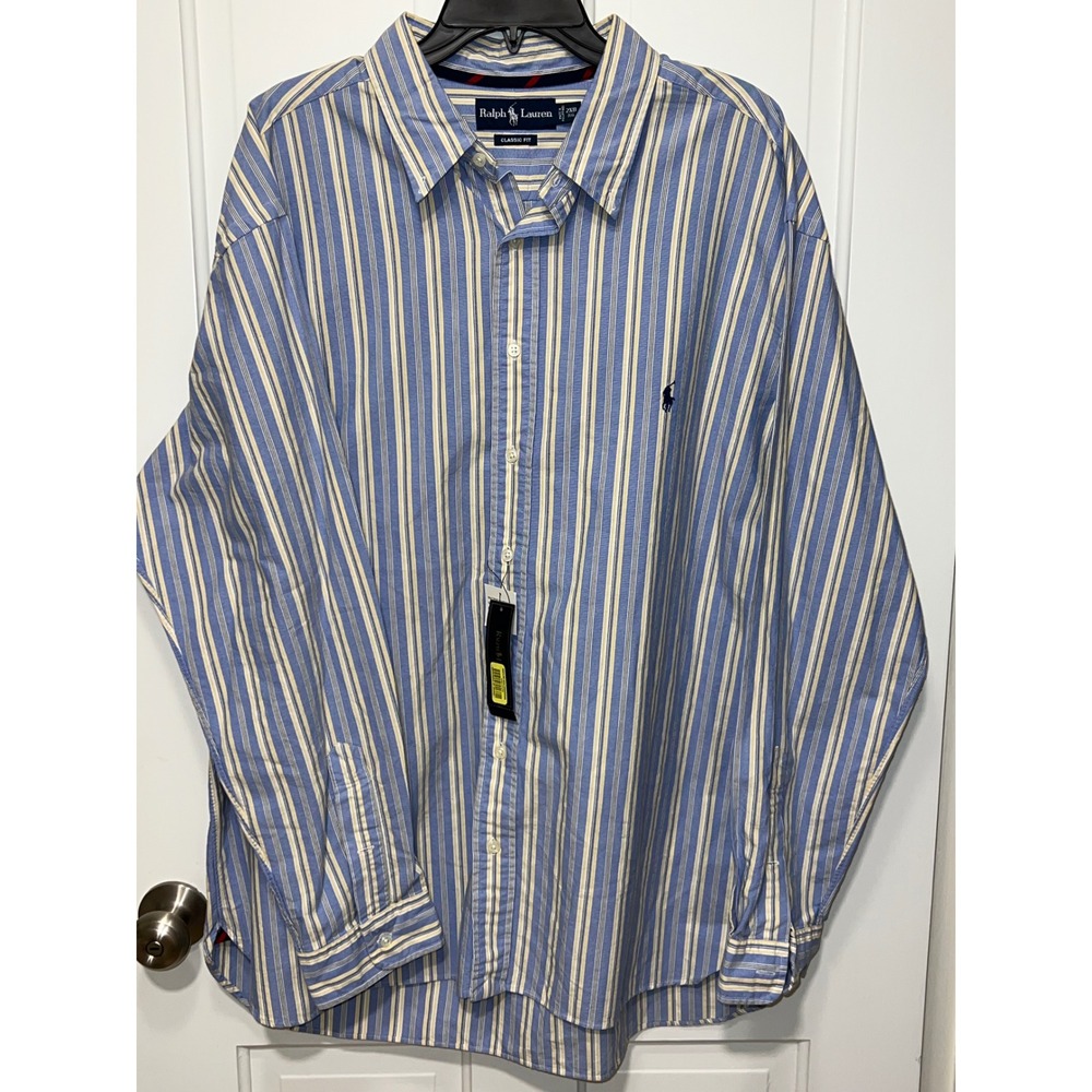 Ralph Lauren Mens 2XB Big & Tall Classic Fit Striped Button Down Shirt Blue NWT